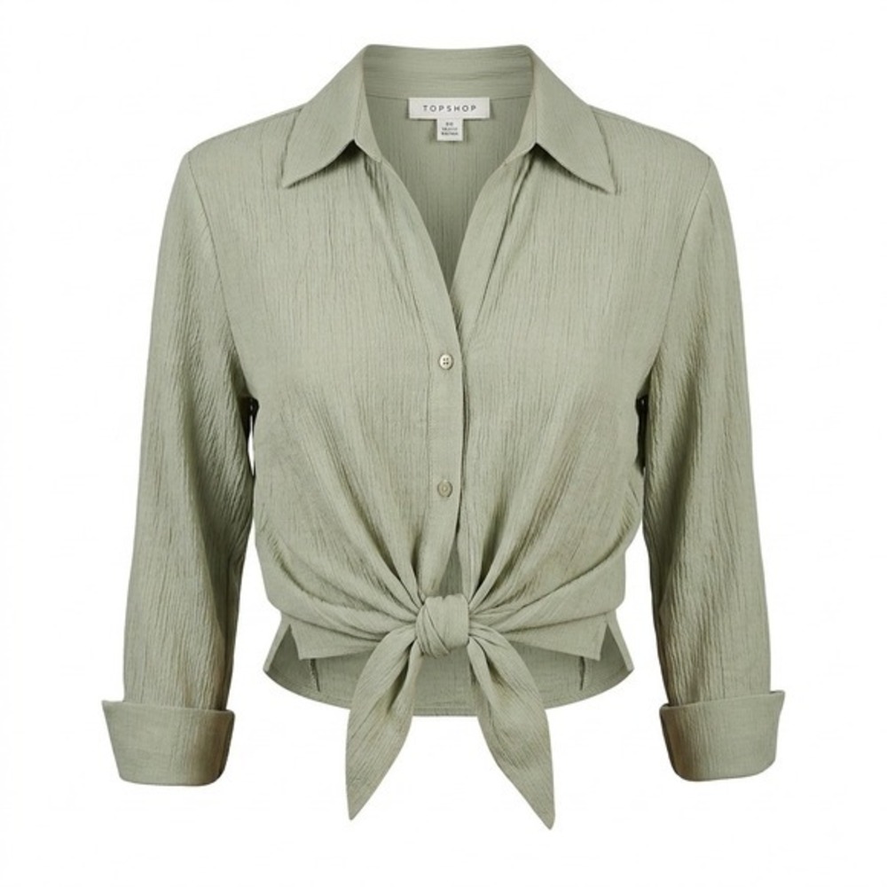 Topshop Sage Green Tie-Front Blouse, Long Sleeve Button Down, Size US 4, NWT